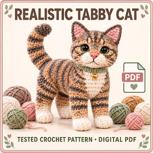 Könnte beinhalten: Eine gehäkelte getigerte Katze aus braunem, beigem und weißem Garn mit großen schwarzen Augen, einer rosa Nase und einem grünen Halsband mit goldenem Herzanhänger. Der Text lautet REALISTIC TABBY CAT, TESTED CROCHET PATTERN und DIGITAL PDF.