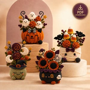 May include: Four crochet Halloween-themed arrangements featuring a pumpkin with ghosts, a mummy with candy corn, a witch hat pot with lollipops and moons, and a black cauldron with sunflowers and a spiderweb. Includes a PDF DOWNLOAD badge.