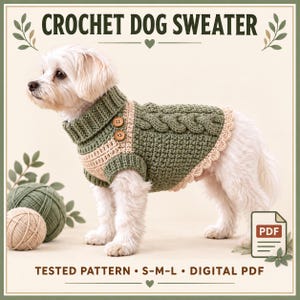 Può includere: Un cane bianco indossa un maglione all'uncinetto color verde salvia e beige con motivo a trecce, collo alto a coste e due bottoni marroni. Il testo CROCHET DOG SWEATER, TESTED PATTERN, S-M-L e DIGITAL PDF è visibile nell'immagine.