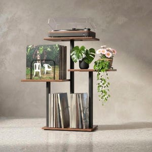 Botanical Record Player Stand, Vinyl Storage Cabinet, Plant Shelf, Wood Console