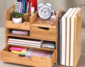 Bamboo Desk Organizer with Drawer, 4-Tier File & Mail Holder, Desktop Storage