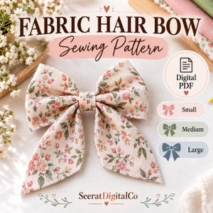 Fabric Hair Bow Sewing Pattern PDF, Sailor Bow, 3 Sizes, Clip, Hair Tie & Headband, Instant Download