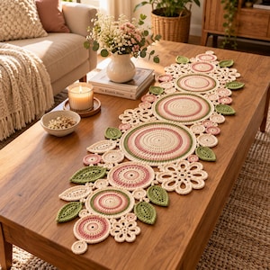 May include: A long, decorative crochet table runner featuring a repeating pattern of circular motifs in cream, soft pink, and sage green, interspersed with intricate crocheted leaf shapes and openwork flower designs arranged in a linear formation.
