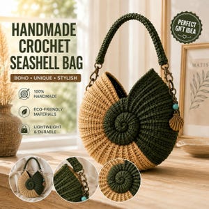 May include: A handmade crochet bag shaped like a seashell, featuring a two-tone design in beige and dark green. The bag has a single braided handle attached with bronze-coloured metal clasps and a small seashell charm with a turquoise bead.