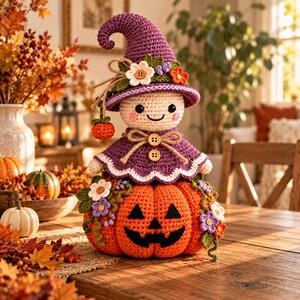 Può includere: Una bambola all'uncinetto con cappello a punta e mantella viola, seduta sopra una grande zucca arancione con un volto intagliato. La bambola presenta un viso color crema con un'espressione sorridente, decorato con piccoli fiori in tessuto, bottoni in legno e un ciondolo a forma di zucca.