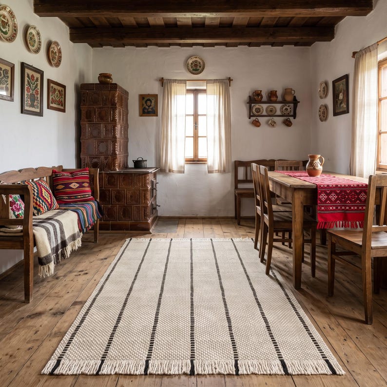 May include: A rectangular area rug featuring a cream-colored woven texture with vertical black stripes and fringed edges, positioned on a wooden floor in a room with a wooden dining table, chairs, a bench, and a large brown tiled stove.