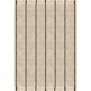 May include: A rectangular woven rug featuring a textured beige base with vertical black stripes running the length of the fabric. The top and bottom edges are finished with a short, light-colored fringe that extends beyond the main weave.