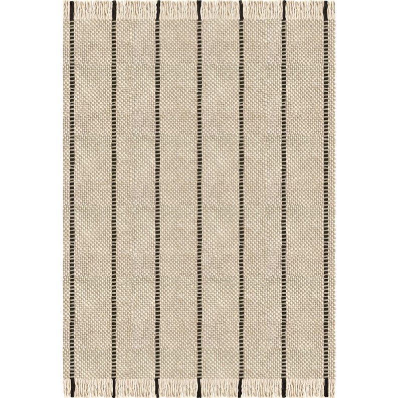 May include: A rectangular woven rug featuring a textured beige base with vertical black stripes running the length of the fabric. The top and bottom edges are finished with a short, light-colored fringe that extends beyond the main weave.