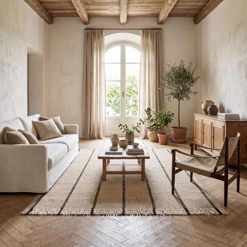 May include: A living room featuring a beige sofa with matching throw pillows, a wooden coffee table with books and ceramic bowls, a woven rug with dark brown stripes, a wooden chair, and several potted plants near a large window.