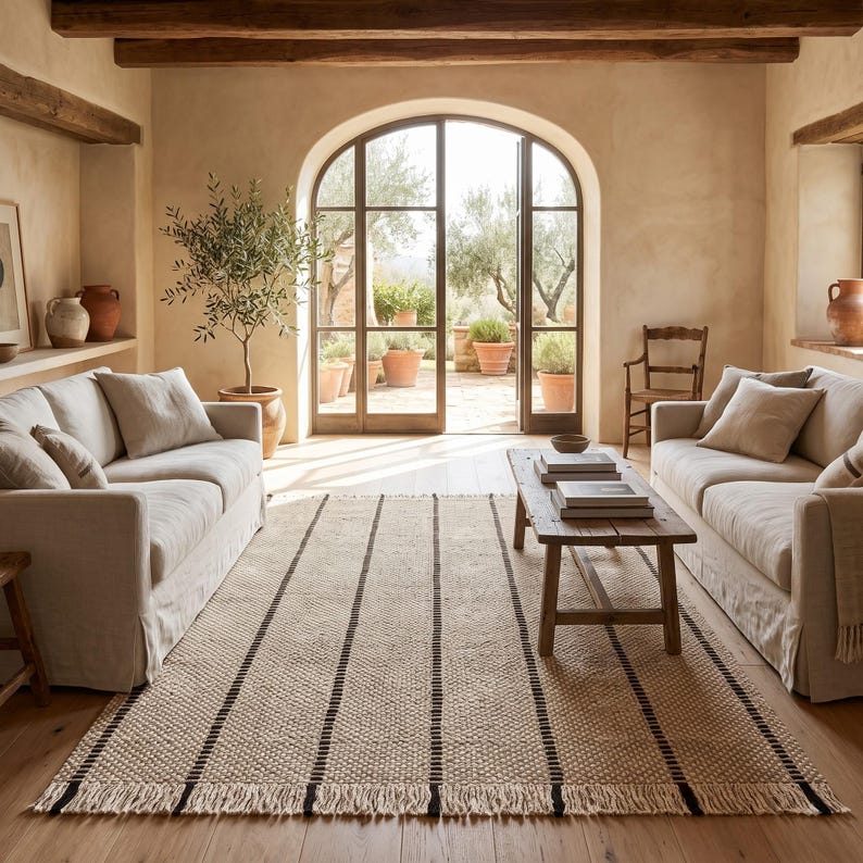 May include: A rectangular woven area rug featuring a natural beige fiber texture with distinct vertical black stripes and a fringed edge, positioned on a wooden floor between two light-colored fabric sofas and a wooden coffee table.