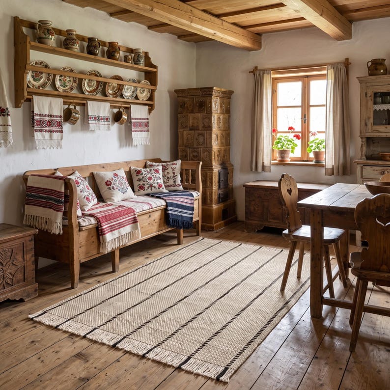 May include: A rectangular woven area rug featuring a cream-colored base with thin, evenly spaced black vertical stripes and a fringed edge, positioned on a wooden floor in a room with a wooden bench, table, chairs, and a tiled stove.