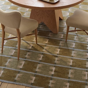 May include: A round wooden dining table with a light brown finish and a geometric base, accompanied by two upholstered chairs in a neutral beige fabric. The furniture sits on a large area rug featuring a grid pattern in olive green and cream.