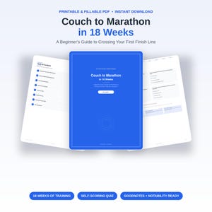 以下が含まれることがあります： Couch to Marathon in 18 Weeksというタイトルの印刷および記入可能なPDFガイド。目次、自己採点クイズ、トレーニングスケジュールが含まれています。このドキュメントは、GoodnotesおよびNotabilityアプリケーションでのデジタル使用向けに設計されています。