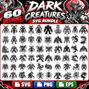 Puede incluir: Una colección digital de 60 ilustraciones de criaturas en blanco y negro titulada Dark Creatures SVG Bundle. La hoja gráfica muestra varias figuras monstruosas con cuernos, alas y tentáculos, incluyendo iconos de formato SVG, PNG y EPS.