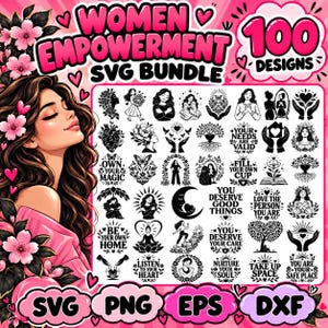 Pode incluir: Um pacote de gráficos digitais com 100 designs em preto e branco sobre empoderamento. A imagem mostra uma mulher com longos cabelos castanhos adornados com flores rosas, ao lado do texto Women Empowerment SVG Bundle.