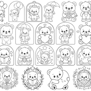 Puede incluir: Una colección de ilustraciones de arte lineal en blanco y negro que muestran varios osos de peluche en diferentes actividades. Los osos están representados con globos, paraguas, coronas, varitas, corazones, flores, libros, tarros de miel y estrellas, dispuestos en marcos.