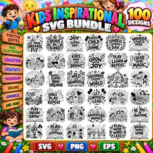 Op de afbeelding: Een digitale collectie van 100 zwart-wit grafische ontwerpen genaamd Kids Inspirational SVG Bundle. De afbeelding bevat diverse illustraties van kinderen, raketten, boeken en motiverende teksten zoals Be Brave Be Kind en Adventure Awaits.