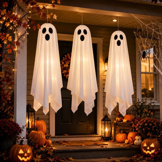 3Pcs Lighted Halloween Ghost Decorations, Hanging Porch Decor for Halloween, Halloween Decor