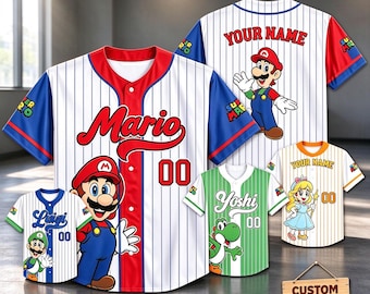 Custom Super Mario Baseball Jersey, Personalized Name Number Mario Luigi Peach Bowser Yoshi Jersey, Family Matching Mario Party Shirt
