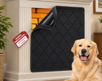 May include: A black magnetic fireplace cover with a quilted diamond pattern partially covering a white fireplace mantel. A red rectangular tag attached to the cover features the white text MAGNETIC FIREPLACE COVER EASY INSTALL INDOOR.