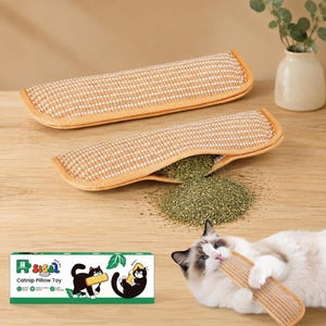 May include: Two rectangular catnip pillow toys made of tan sisal fabric with white woven stripes. One pillow is closed, while the other is partially open, revealing dried green catnip spilling out. A product box shows the text Catnip Pillow Toy.