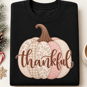 Puede incluir: Una sudadera negra de cuello redondo con un gran gráfico de calabaza compuesto por varios segmentos estampados en tonos rosa, beige y blanco. La palabra thankful está escrita en letra cursiva marrón sobre el centro del diseño de la calabaza.