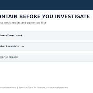 Peut inclure: Un panneau d'information blanc avec du texte bleu foncé indiquant CONTAIN BEFORE YOU INVESTIGATE, Protect stock, orders and customers first, et trois boutons intitulés Isolate affected stock, Control immediate risk, et Authorise release.