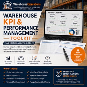 May include: A digital warehouse KPI and performance management toolkit featuring a laptop displaying a performance dashboard with charts and metrics, alongside printed templates, a black pen, and an orange 17-page PDF download icon.