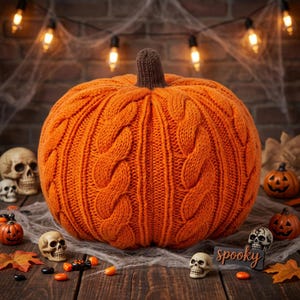 Kabelstickat pumpamönster, läskig höstdekoration, Halloweenstickning (PDF)