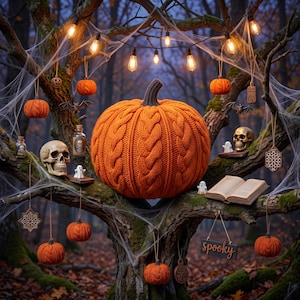 May include: A large orange knit pumpkin with a cable-knit texture sits on a mossy tree branch. The scene includes hanging string lights, white spiderwebs, small knit pumpkin ornaments, skulls, ghost figurines, an open book, and a sign reading spooky.