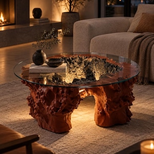 VULCANO Sculptural Coffee Table, Poplar Wood & Glass, Handmade Statement Furniture