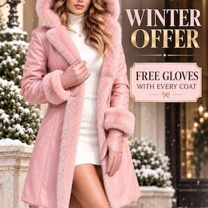 May include: A light pink hooded coat with faux fur trim on the hood, cuffs, and front opening. The coat is worn over a white turtleneck dress and paired with matching pink gloves. Text on the image reads LEATHERIUMAURA WINTER OFFER.