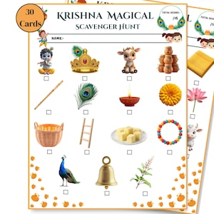 Könnte beinhalten: Ein Krishna Magical Scavenger Hunt Aktivitätsblatt mit 30 Karten, einer Namenszeile und einem Raster aus Illustrationen wie einer Krone, Flöte, Pfauenfeder, Butter, einem Korb, einer Glocke und einem Kalb mit Kästchen zum Abhaken.