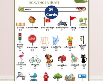 May include: A Neighborhood Scavenger Hunt activity sheet featuring the title, a name line, and 24 colorful illustrations of items to find, including a fence, birdfeeder, motorcycle, stop sign, butterfly, dog, and fire hydrant, each with a checkbox.