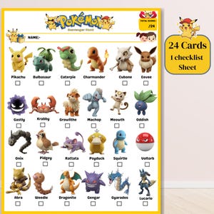 Peut inclure: Une feuille de liste de contrôle de chasse au trésor Pokemon blanche avec une bordure jaune, présentant 24 illustrations de personnages colorés, des noms et des cases à cocher. Le haut inclut le logo Pokemon, un champ nom et un score total. Texte 24 Cards 1 checklist Sheet.
