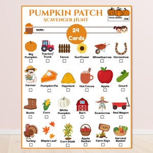Peut inclure: Une fiche d'activité de chasse au trésor Pumpkin Patch avec le titre, un champ pour le nom et 24 objets illustrés à trouver, dont un tracteur, un tournesol, un fer à cheval, une tarte à la citrouille, un chocolat chaud, une pomme et un épouvantail.