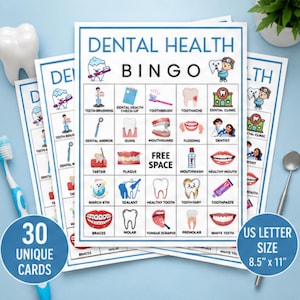 Puede incluir: Un juego de bingo de salud dental con 30 tarjetas únicas en tamaño carta de EE. UU. de 21,59 cm por 27,94 cm. Cada tarjeta muestra una cuadrícula con ilustraciones coloridas de artículos dentales como cepillos de dientes, dientes y pasta.