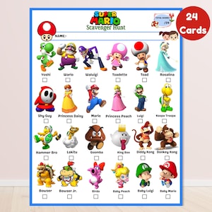 May include: A Super Mario Scavenger Hunt game sheet featuring 24 colourful character illustrations including Yoshi, Wario, Waluigi, Toadette, Toad, Rosalina, Shy Guy, Princess Daisy, Mario, Princess Peach, Luigi, Koopa Troopa, Hammer Bro, Lakitu, Goomba, King Boo, Diddy Kong, Donkey Kong, Bowser, Bowser Jr., Birdo, Baby Peach, Baby Luigi, and Baby Mario with checkboxes for tracking.