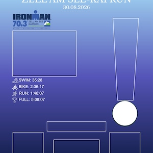 Könnte beinhalten: Ein blaues Verlaufsplakat für das Event IRONMAN 70.3 ZELL AM SEE-KAPRUN am 30.08.2026. Es enthält das Event-Logo, einen großen rechteckigen Rahmen, eine Ausrufezeichen-Form mit Kreis sowie die Zeiten: SWIM 35:28, BIKE 2:36:17, RUN 1:46:07, FULL 5:08:07.