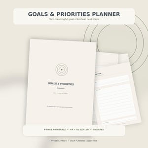 May include: A Goals & Priorities Planner printable set featuring a cream-colored cover with a target icon and the text "Goals & Priorities Planner, Clarity, Practice, Act, Review." The set includes 9 pages in A4 and US Letter sizes, undated.