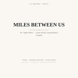 May include: A printable digital letter kit titled MILES BETWEEN US, an Open When letter kit for long-distance couples. The document includes 24 letters, matching envelope labels, and an envelope template, formatted for US Letter and A4 paper sizes.