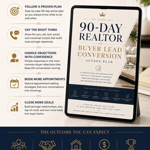 Puede incluir: Una tableta digital que muestra un plan de acción de 90 días para la conversión de clientes potenciales inmobiliarios. La pantalla incluye el texto The Complete 90-Day Realtor, Buyer Lead Conversion Action Plan y estrategias de seguimiento.