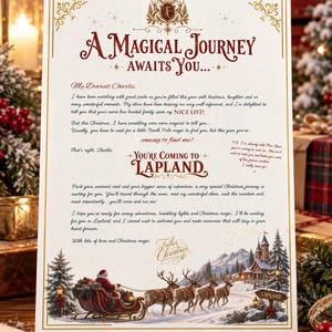May include: A decorative letter titled A Magical Journey Awaits You with gold borders and red text. The letter features a printed message from Father Christmas, a graphic of a sleigh pulled by reindeer, and a snowy landscape with a wooden cabin.
