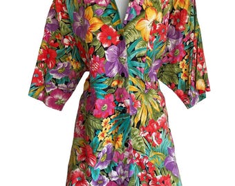 Vintage MS Tops Plus 22W Camicetta con bottoni sul davanti a fantasia floreale tropicale, stile cottagecore, fata
