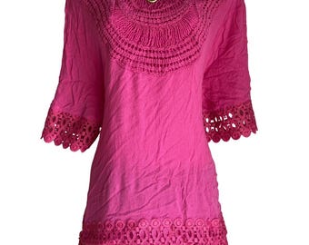 VTG Indigo Soul Plus 3X Pink Crochet Fringe Embroidered Tunic Blouse Cottagecore
