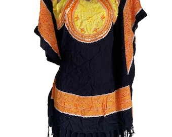 Blusa tipo cárdigan kimono estilo poncho dashiki negro y naranja de VTG para mujer, talla grande 2X.