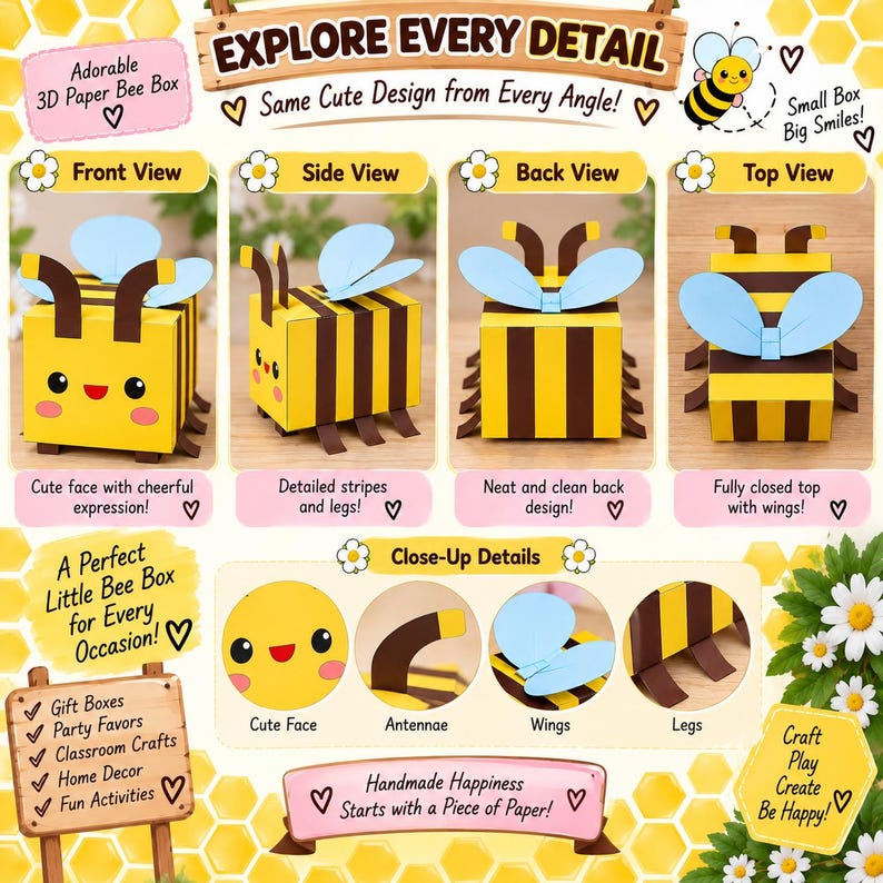 DIY Paper Bee Box Template PDF, Printable Bumblebee Gift Box Pattern ...
