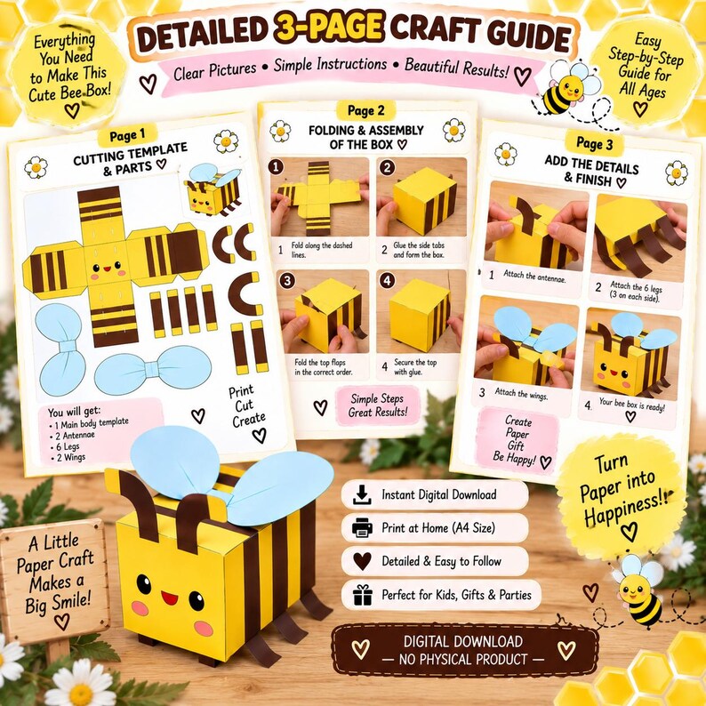 DIY Paper Bee Box Template PDF, Printable Bumblebee Gift Box Pattern ...