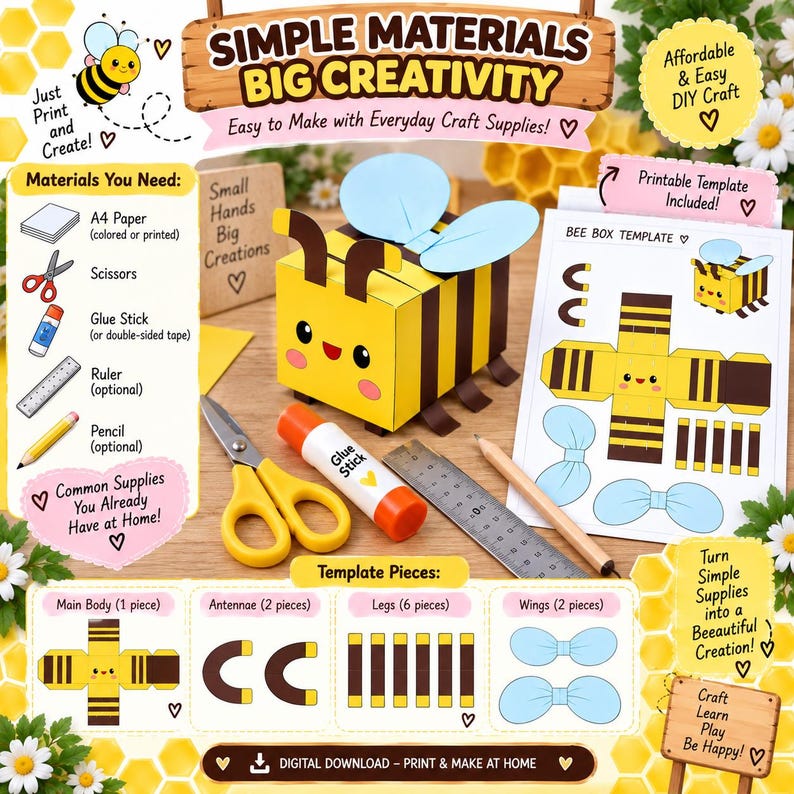 DIY Paper Bee Box Template PDF, Printable Bumblebee Gift Box Pattern ...