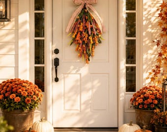 Set of 2 Fall Teardrop Swags, Artificial Floral Berries, Farmhouse Porch Decor